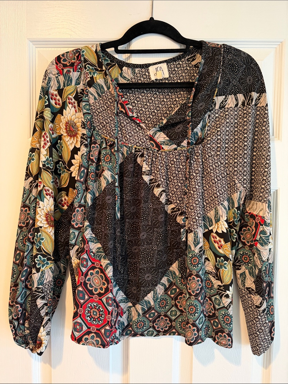 dRa Anthropologie Mixed Print Peasant Tunic — Black, Green, Red, Cream